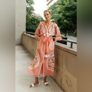 March 11 Embroidered Linen Maxi Dress Coverup Ece in Salmon / Coral Color NEW